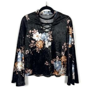 Women's Whimsigoth Floral Velvet Choker Neck Bell Sleeve Black Top Size Medium